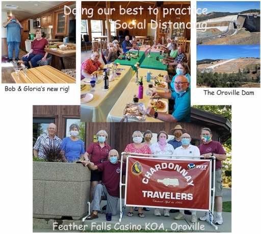 Collage of photos showing group gathering for a meal and outside building.
